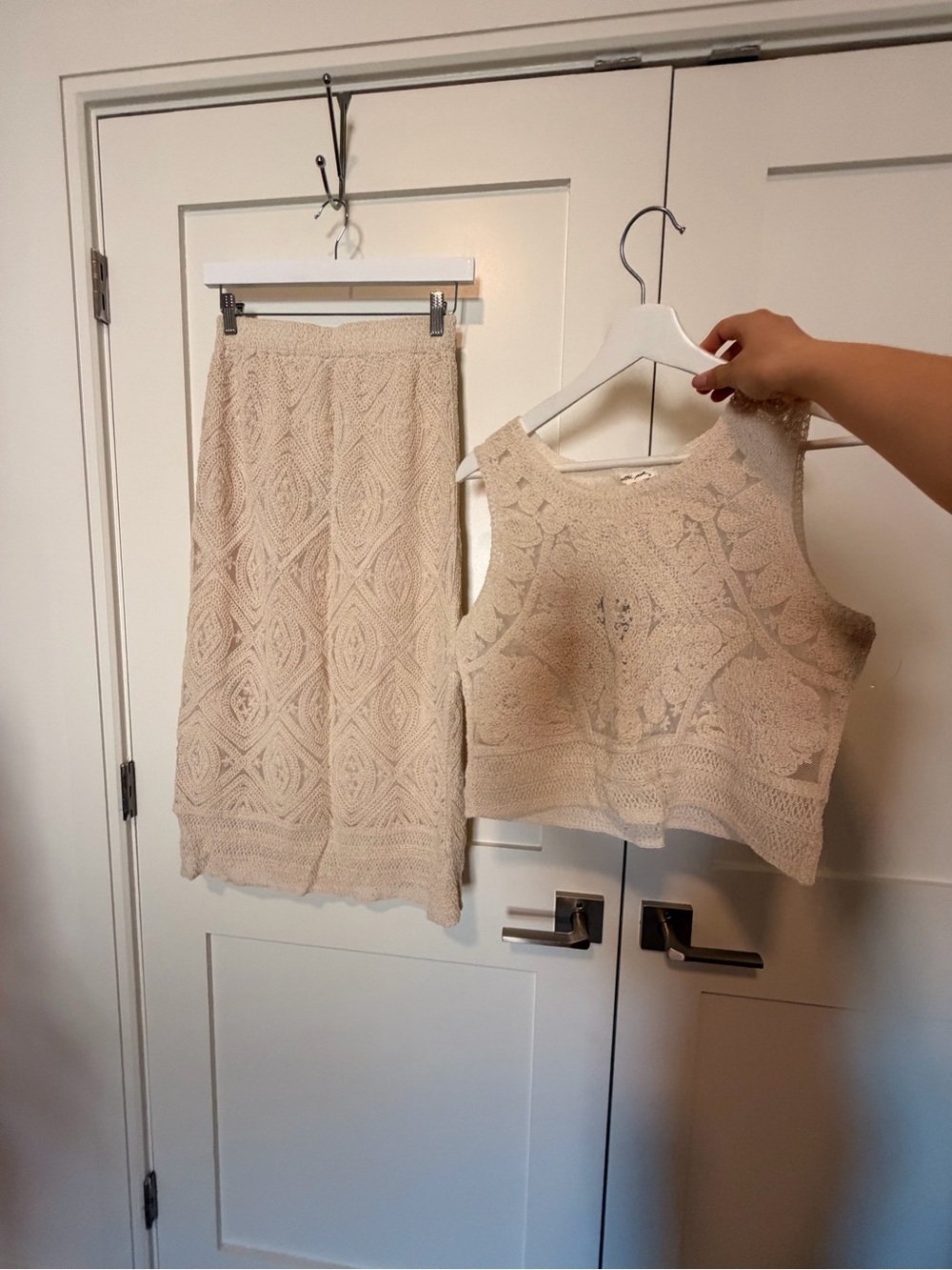 Ultra Pink Beige Crochet Knit Skirt & Crop Top Set